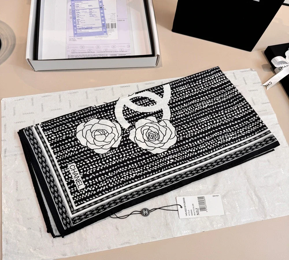 Chanel Polka Dot & Camellia Silk Scarf (Black & White)